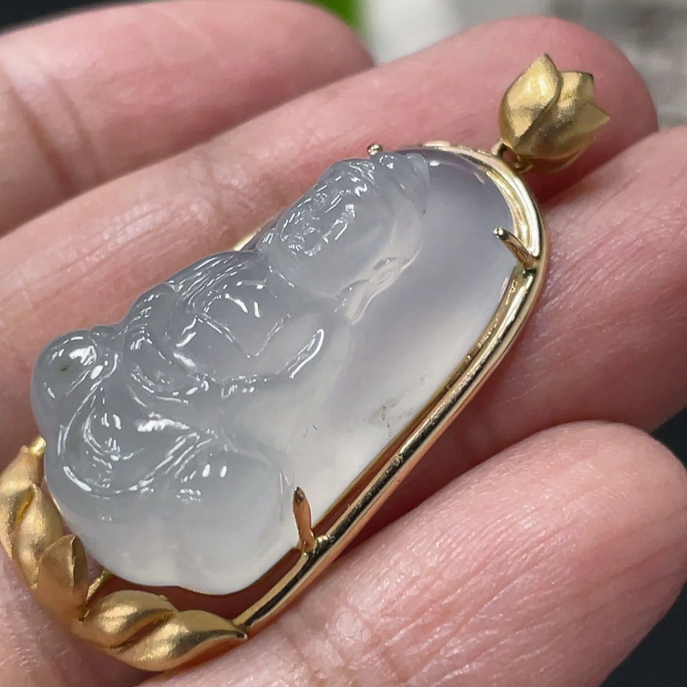 Jadeite Guanyin Inlaid Pendant, 18K Gold Inlaid, Total Weight Approx. 8.96g