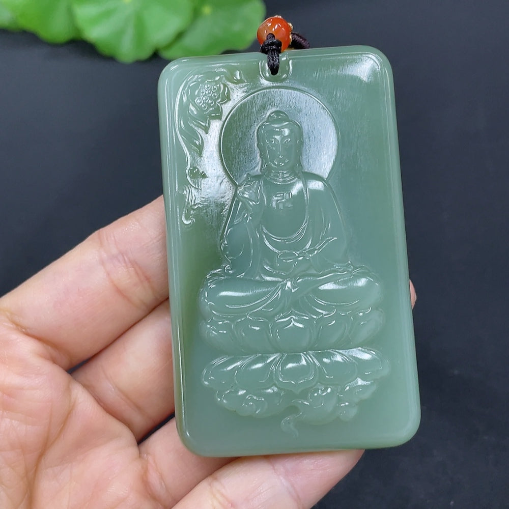 Hetian Jade Jasper pendant featuring Amitabha Buddha design with cord, weighs 64.9g, accented by accompanying beads, from HKHQ.