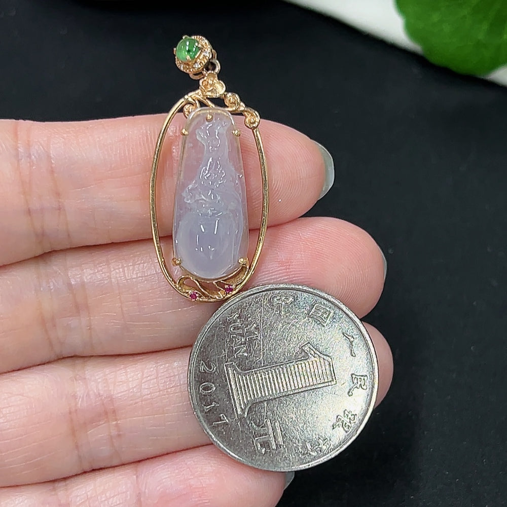 Jadeite pendant with 18K gold setting accented with small diamonds, jewelry necklace featuring HKHQ branding