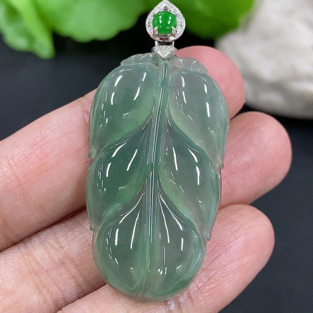 Jadeite Pendant Leaf with 18K Gold and Diamond Accents, Total Weight Approx. 8.2g
