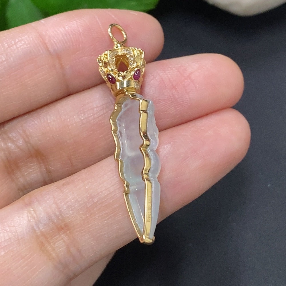 Jadeite Inlaid Pendant 18K Gold Total Weight Approx. 4.5g (Colorless Accent Stones are Diamonds)