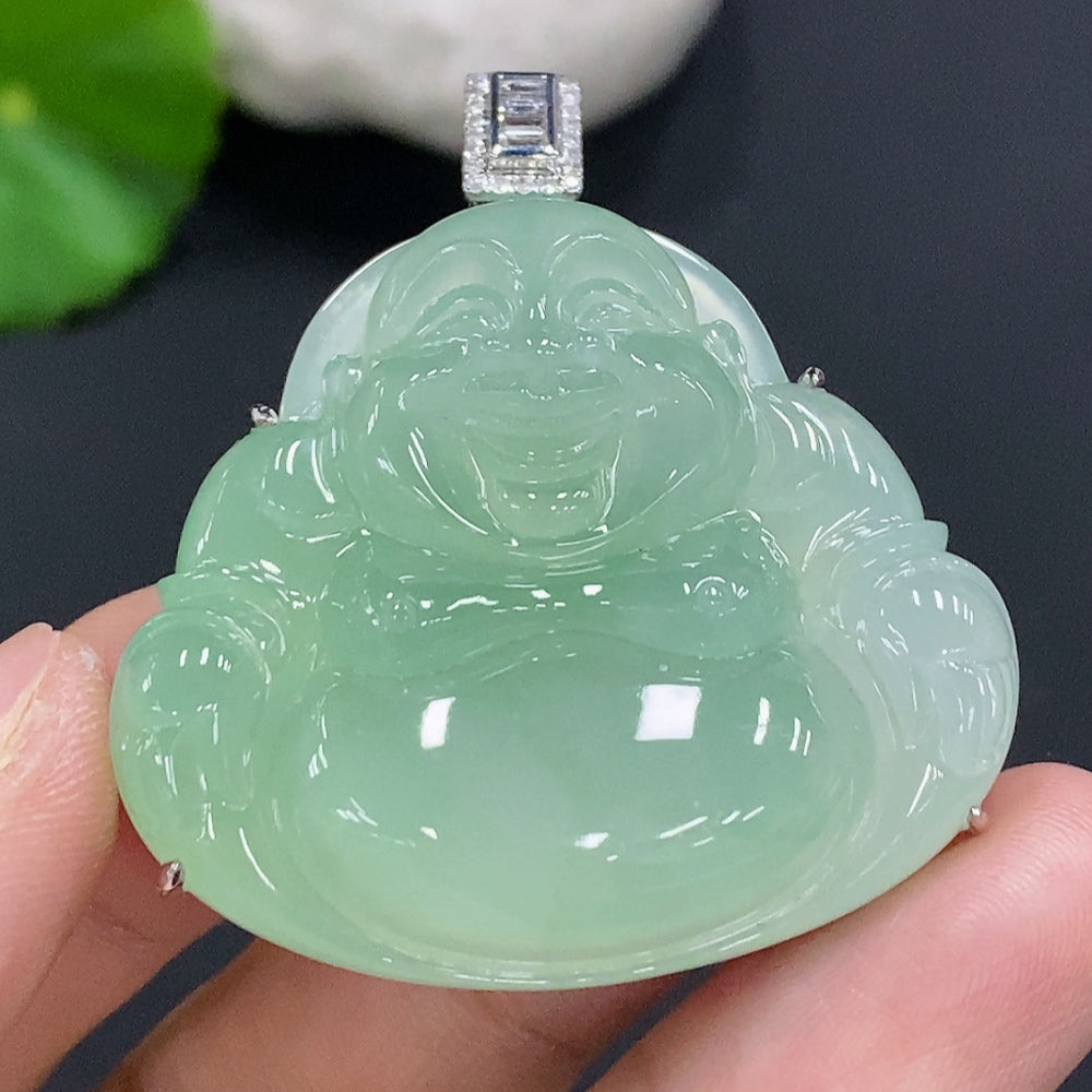 Jadeite Buddha Pendant with 18K Gold Setting, Total Weight Approx. 24.9g (Accented with Diamonds)