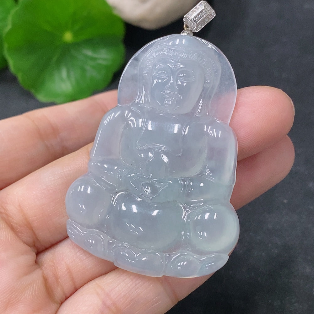 Jadeite Guanyin Pendant, Total Weight Approx. 15.8g, 18K Gold Clasp