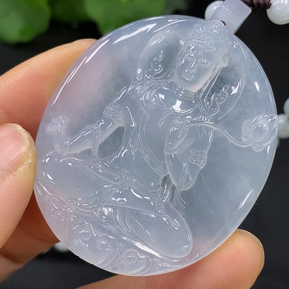 Jadeite Guanyin Pendant with a Total Weight of Approximately 61.89g (Including Chain) and Yellow Beads of Undetermined Color Origin