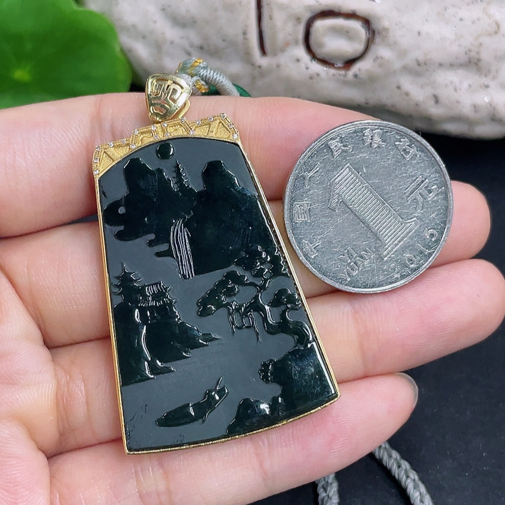 Jadeite pendant with landscape design, 18k diamond accents, HKHQ brand, displayed with cord, showcasing mineral components and craftsmanship.