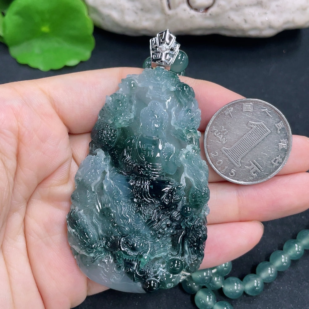 Jadeite Dragon Guardian Pendant with 18K Gold and Diamond Accents, Total Weight Approx. 95.54g (Including Chain)