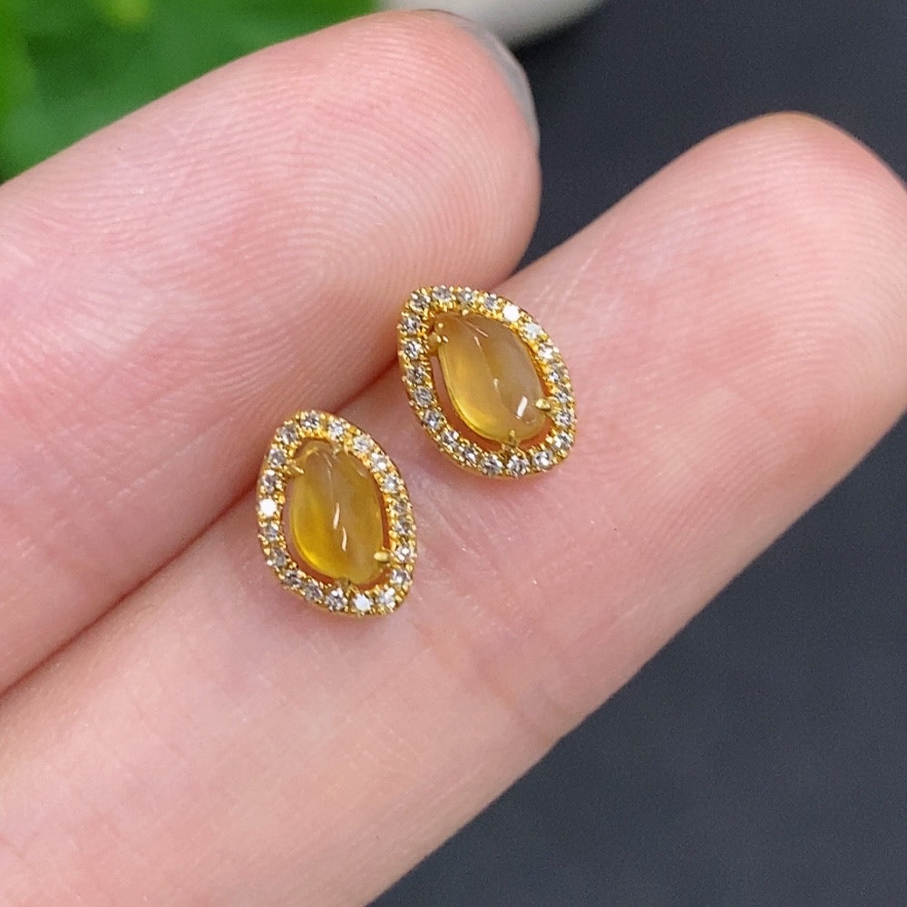 Jadeite Cabochon Stud Earrings 18k Gold Total Weight Approx. 1g Accented with Diamonds