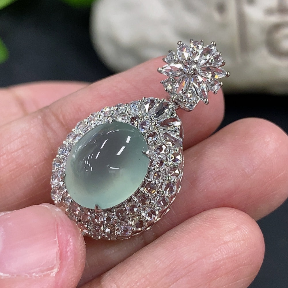 Jadeite Cabochon Pendant Set in 18K Gold with Diamond Accents