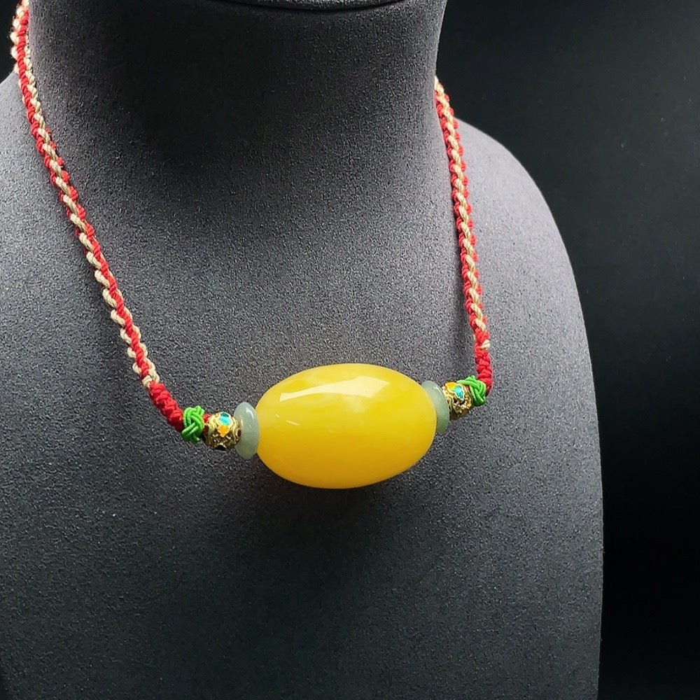 Amber Beeswax Pendant with Rope (Approx. 21.41g) Set with Jadeite