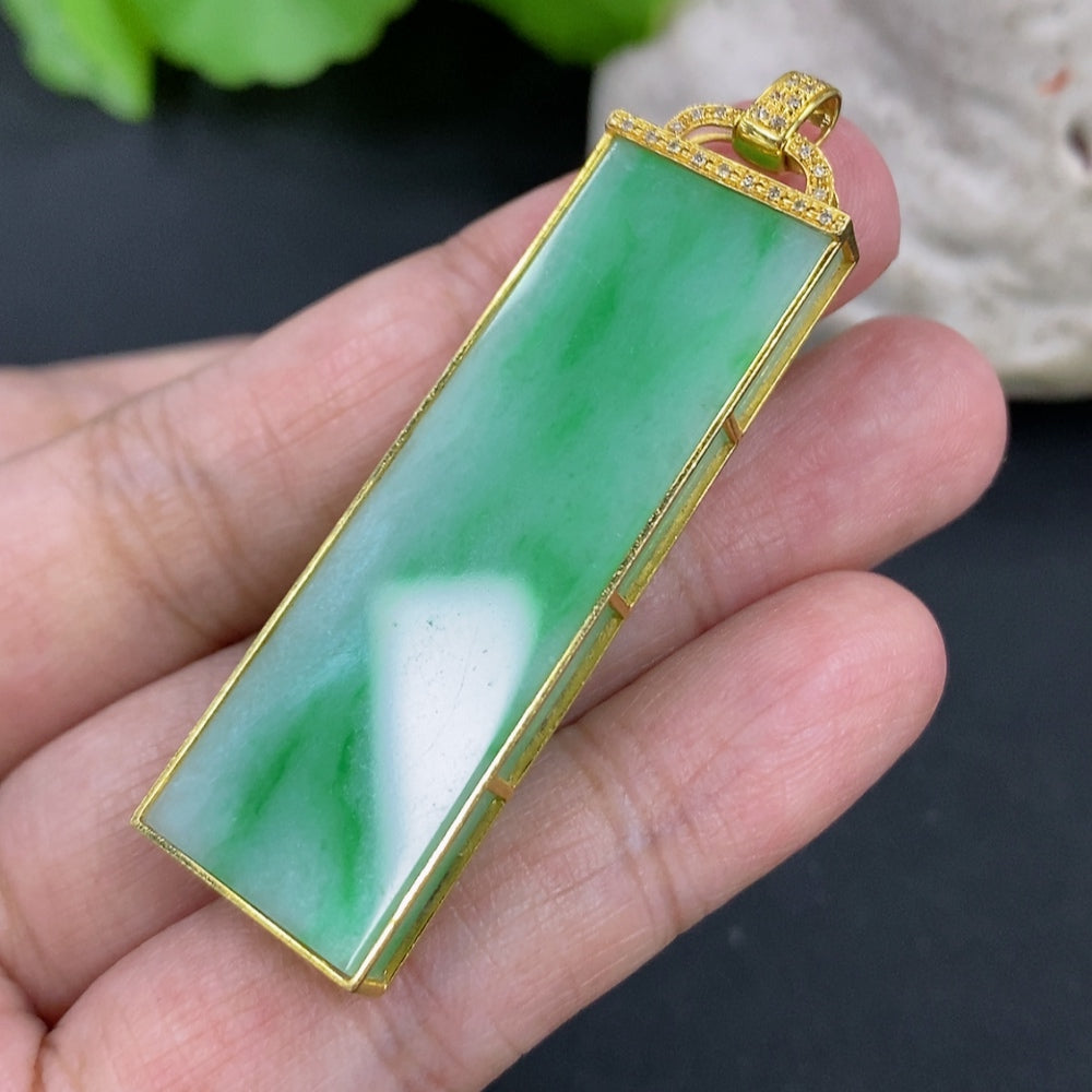 Jadeite plain pendant necklace with 18K gold setting and diamond accent, HKHQ jewelry, shown with a close-up of the pendant.