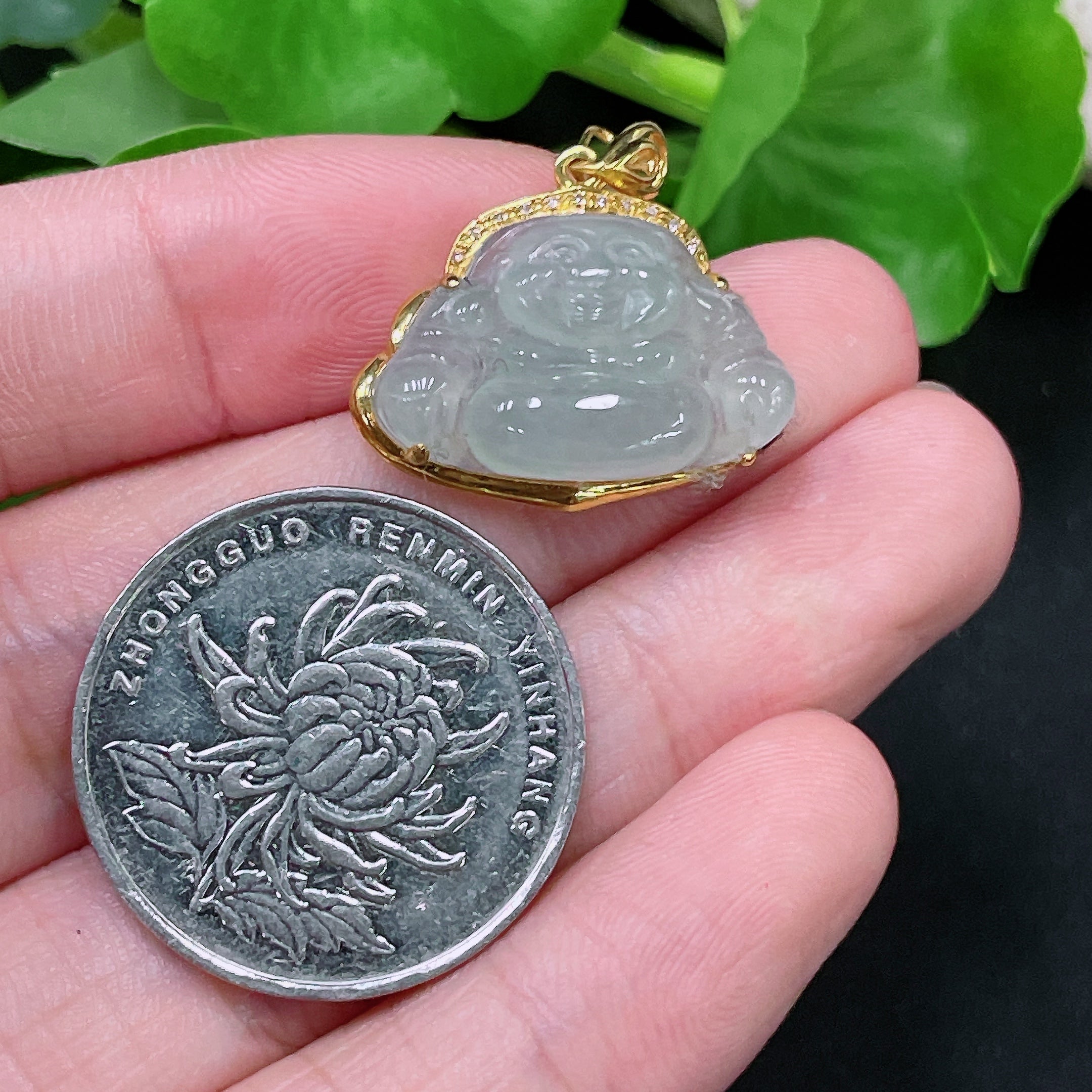 Jadeite Buddha Pendant 18K Gold Total Weight Approx. 2.6g (With Diamond Accents)