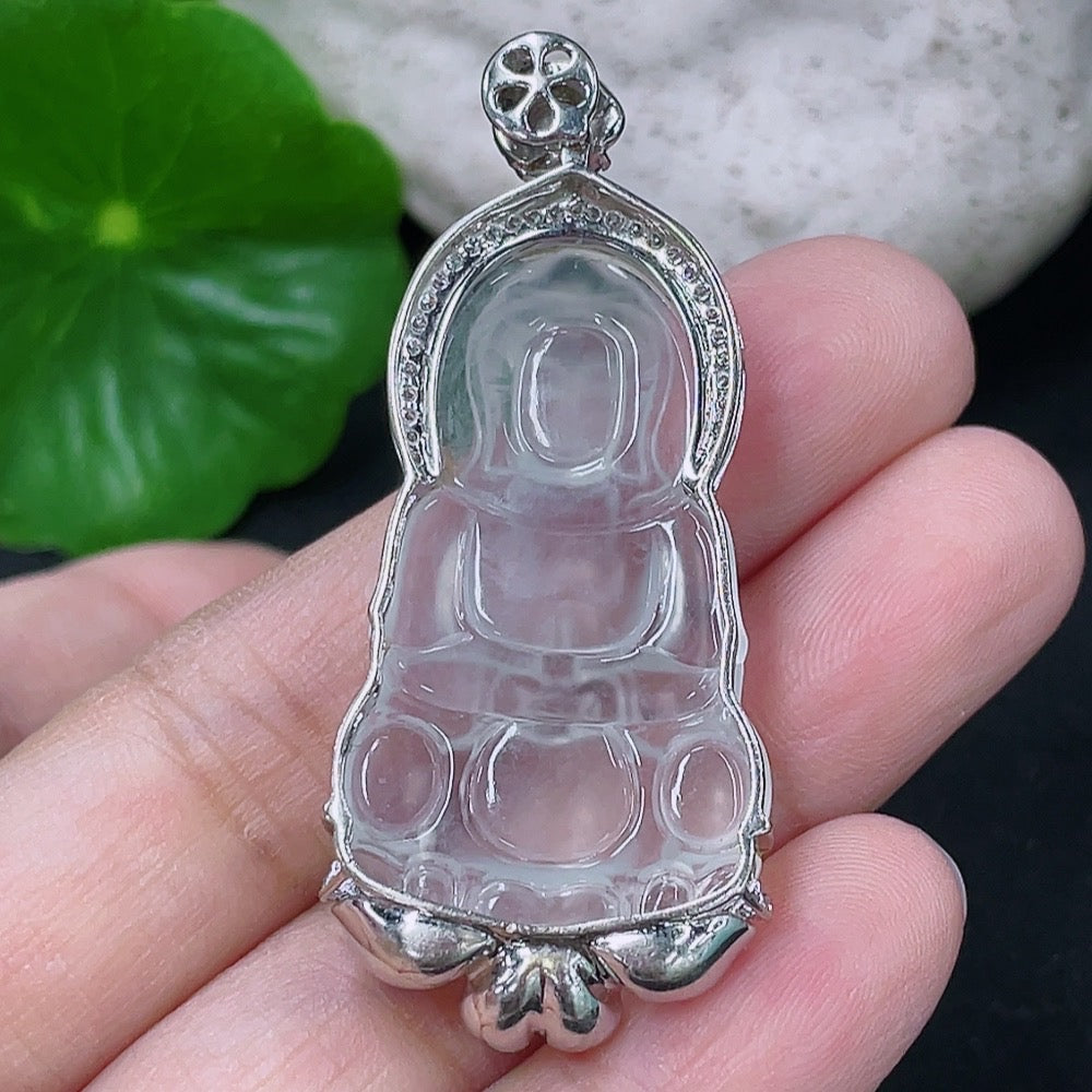 Jadeite Guanyin Inlaid Pendant, 18K Gold Setting with Diamond Accents