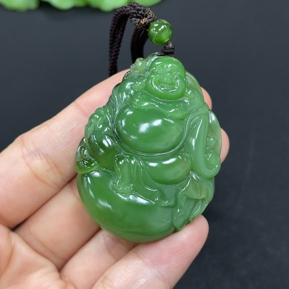 Hetian Jade Jasper Buddha pendant necklace with beads, weighing approximately 37.4g, featuring a detailed Buddha charm and natural stone beads.