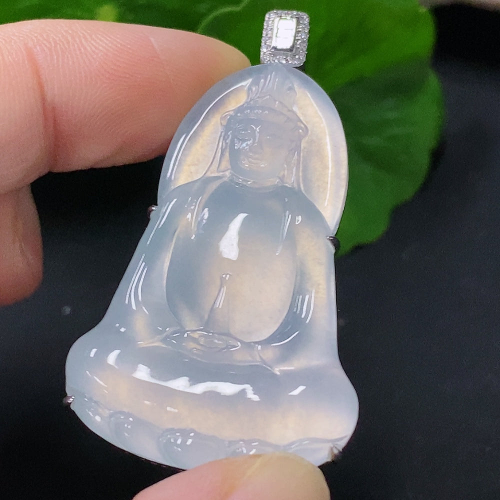 Jadeite inlaid Guanyin pendant 18k with diamond, total weight about 9.74g