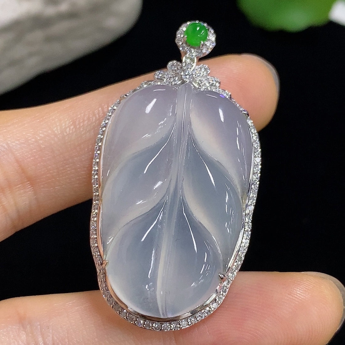 Jadeite Leaf Inlaid Pendant with 18K Gold and Diamond Accents