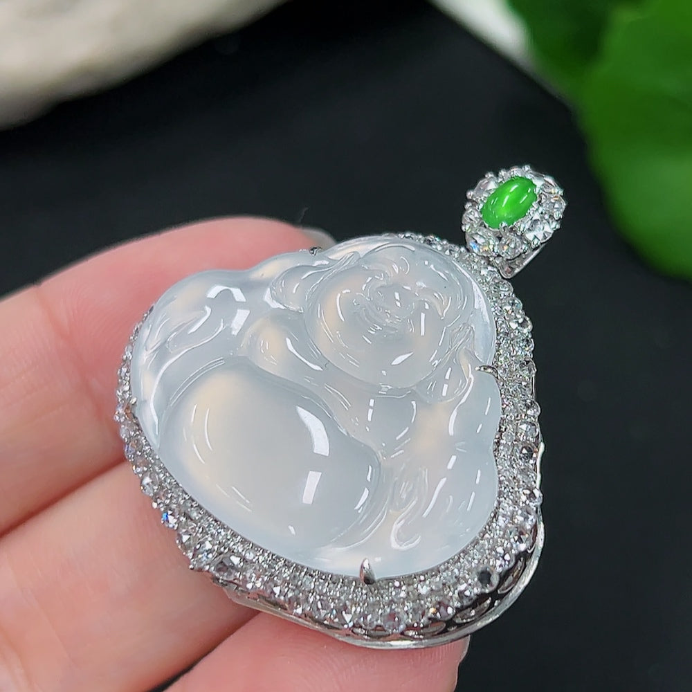 Jadeite Buddha Pendant with 18K Gold Mount, Total Weight Approx. 11.2g (Diamond Accented)