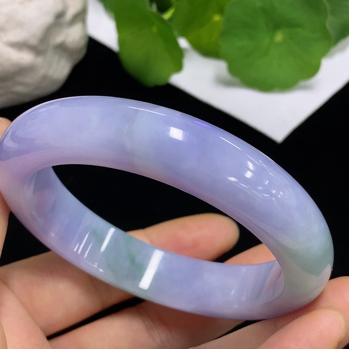 Round jadeite bangle bracelet size 58.8 with a total weight of about 73 grams, showcasing smooth, polished jadeite from HKHQ.