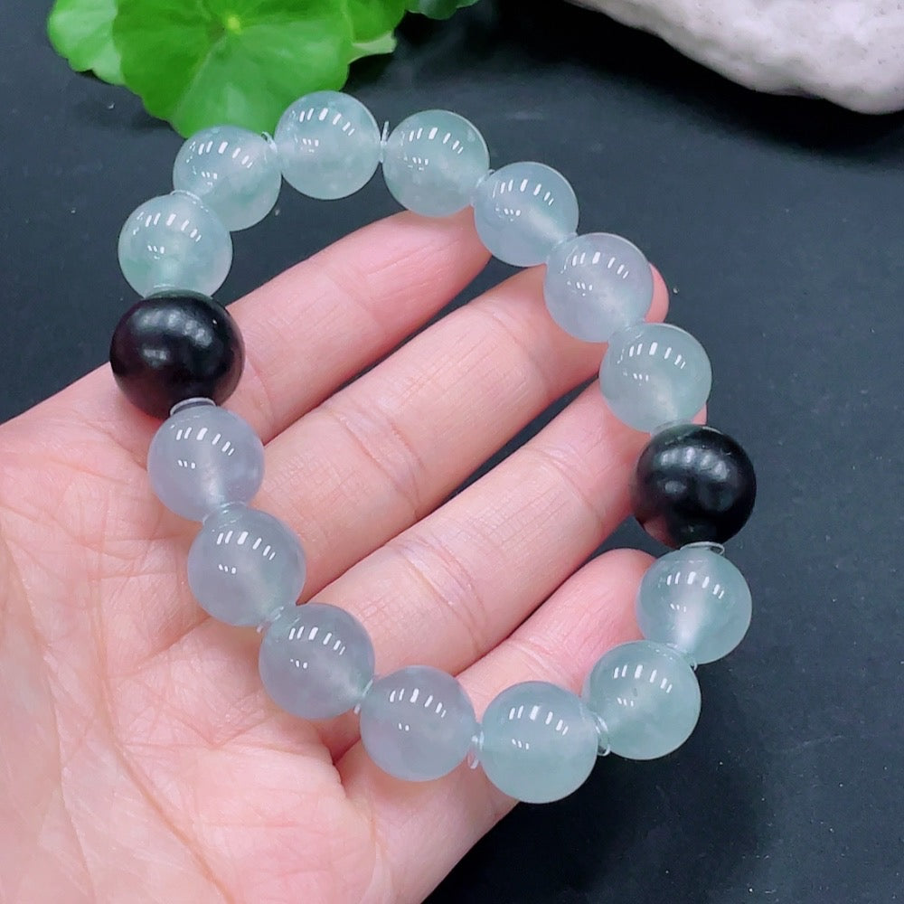 JadeiteBracelet, Approx. 12.8mm Beads, Total Weight ~54.37g, Black Beads with Wood [Total Value: $10,283 USD]