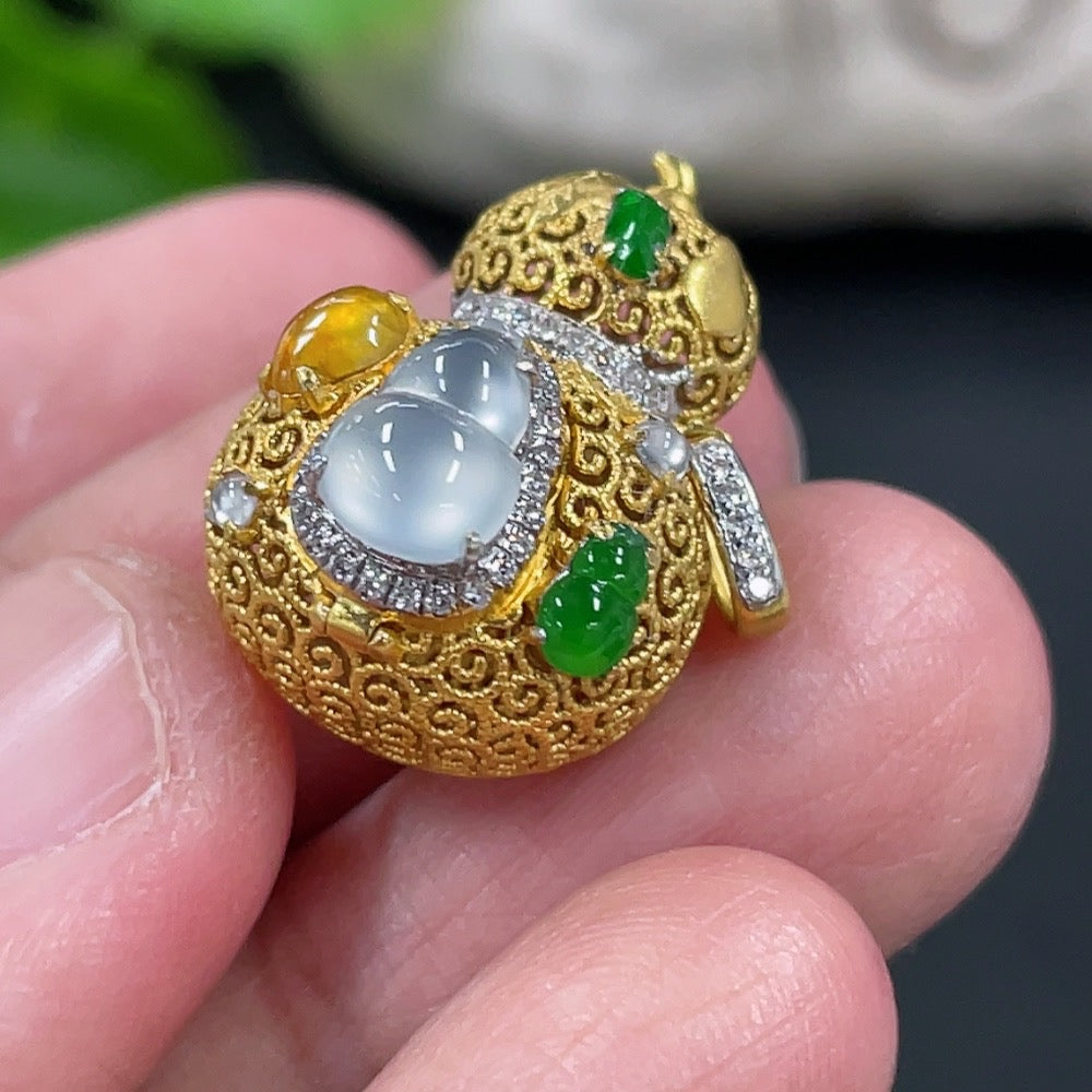 Jadeite Gourd Pendant with 18K Gold and Diamond Accents