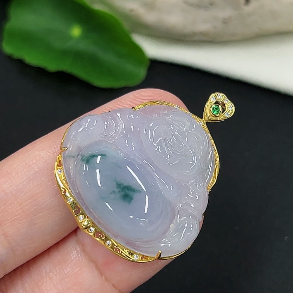 Jadeite Buddha inlaid pendant with 18K gold tested setting, non-diamond, weighs approximately 6.47g, jewelry necklace by HKHQ