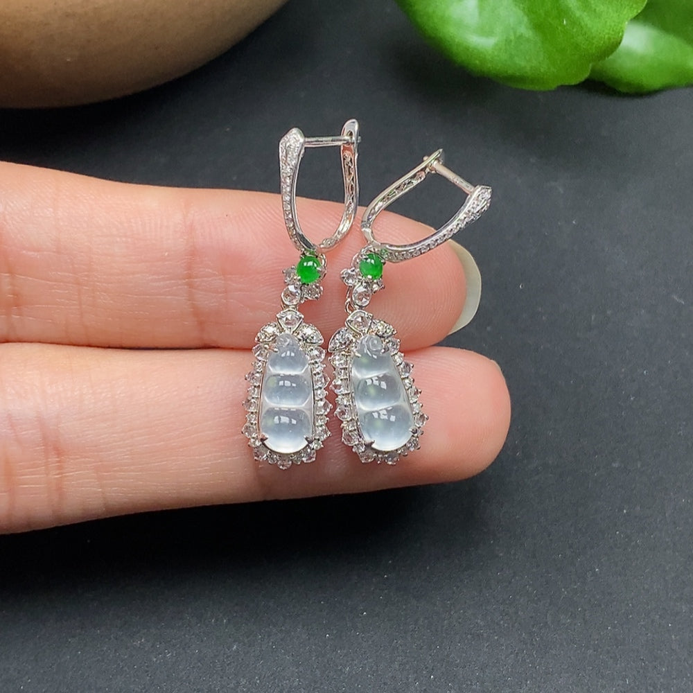 Jadeite Inlaid Earrings Gourd with Diamond Accents 18k
