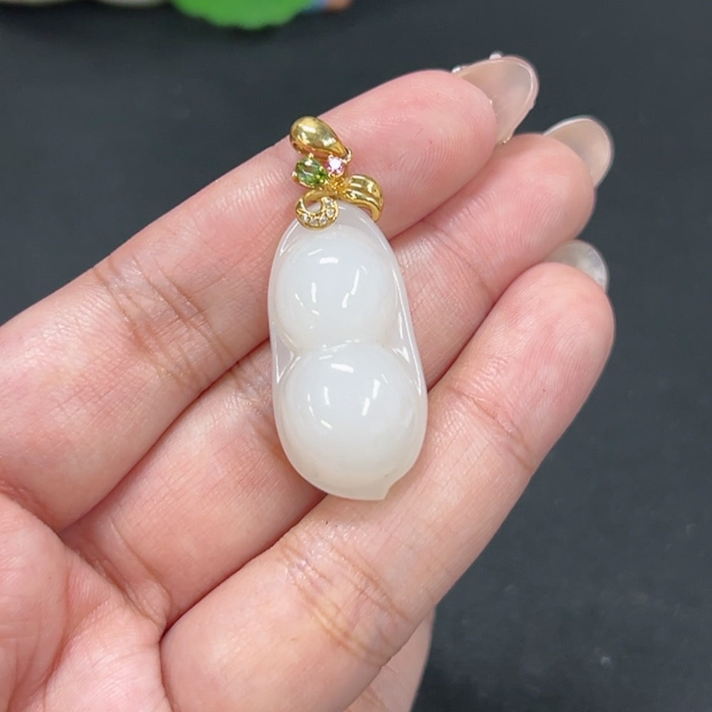 Hetian Jade Inlaid Pendant, Lucky Bean, Total Weight Approx. 9.3g, 18k Gold with Diamond Accents