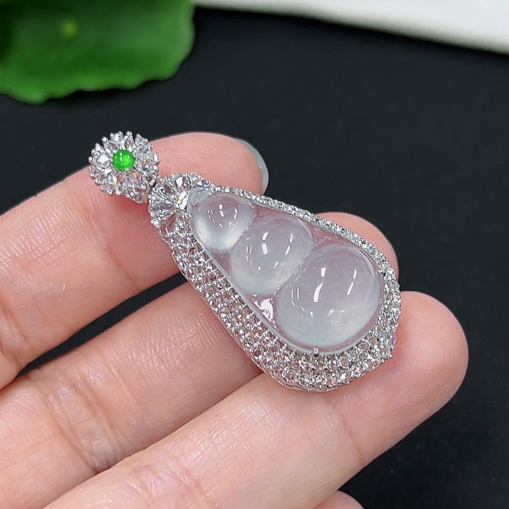 Jadeite Blessed Bean Pendant with 18k Gold and Diamond Accents