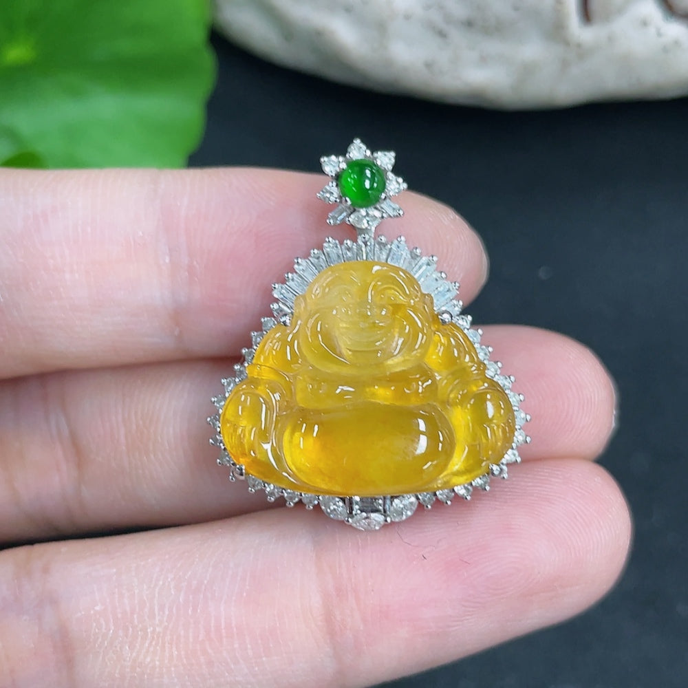 Jadeite Pendant Buddha, Total Weight Approx. 6.99g, 18K Gold with Diamond Accents, Color Origin Undetermined