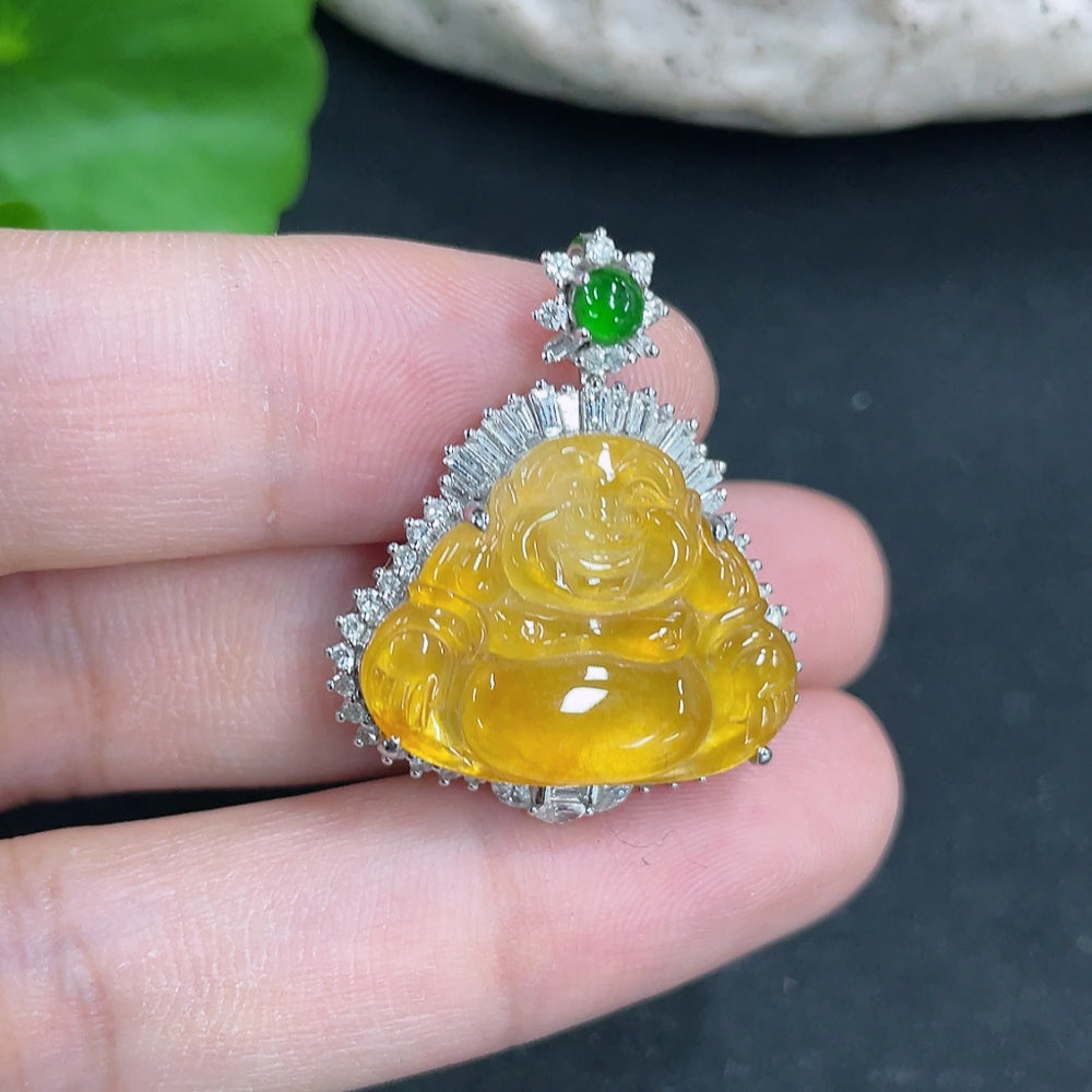 Jadeite Pendant Buddha, Total Weight Approx. 6.99g, 18K Gold with Diamond Accents, Color Origin Undetermined
