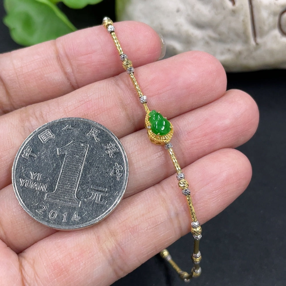 Jadeite gourd bracelet with 18k gold inlay and diamond accents, crafted by HKHQ, featuring intricate design and delicate craftsmanship