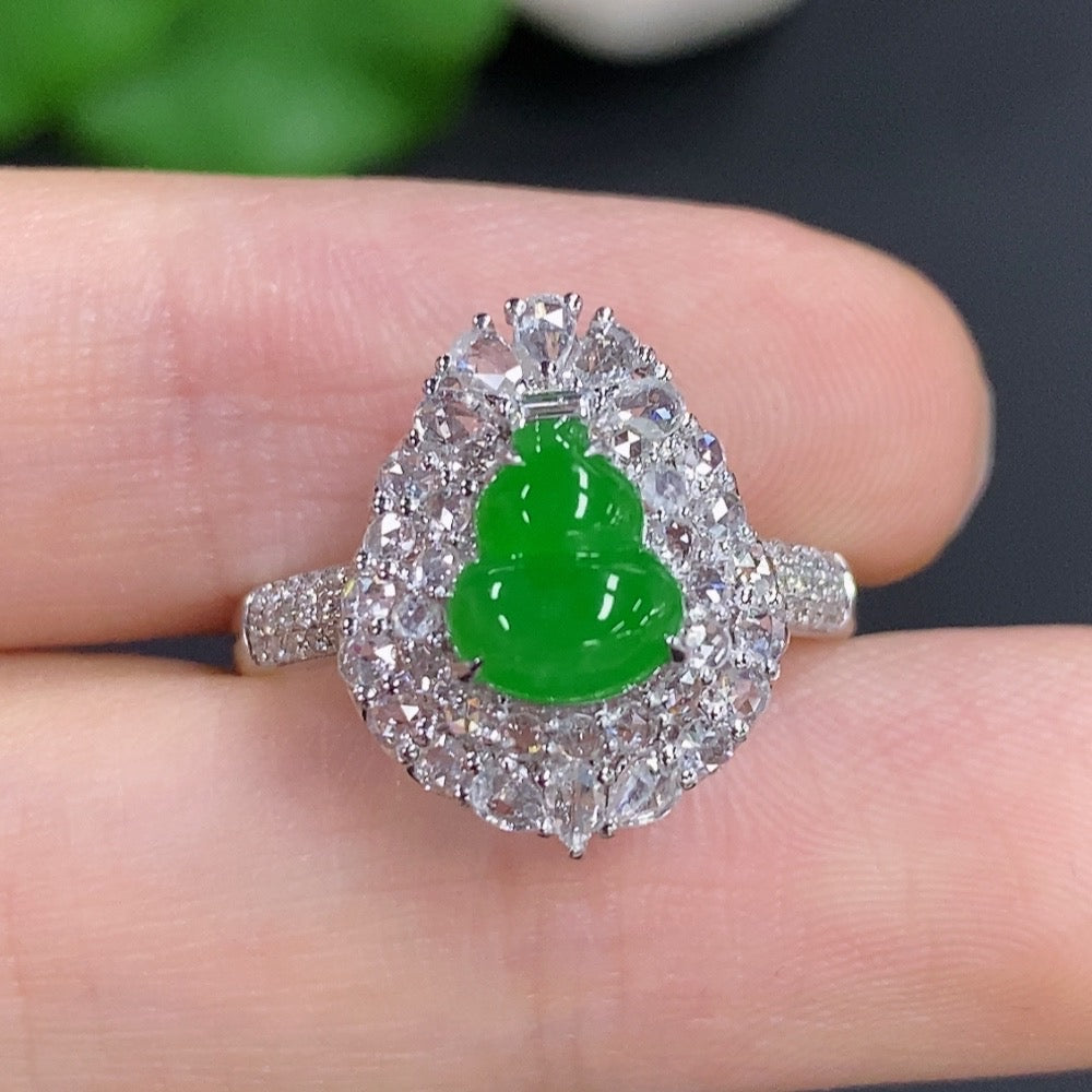 Jadeite gourd inlay ring by HKHQ with 18k gold, diamond accents, size 14, total weight 4g, intricate gemstone design