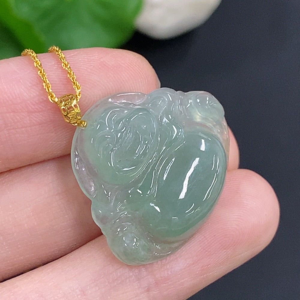 Jadeite Buddha Pendant with 18k Gold, Total Weight Approx. 5.2g (Including Chain)