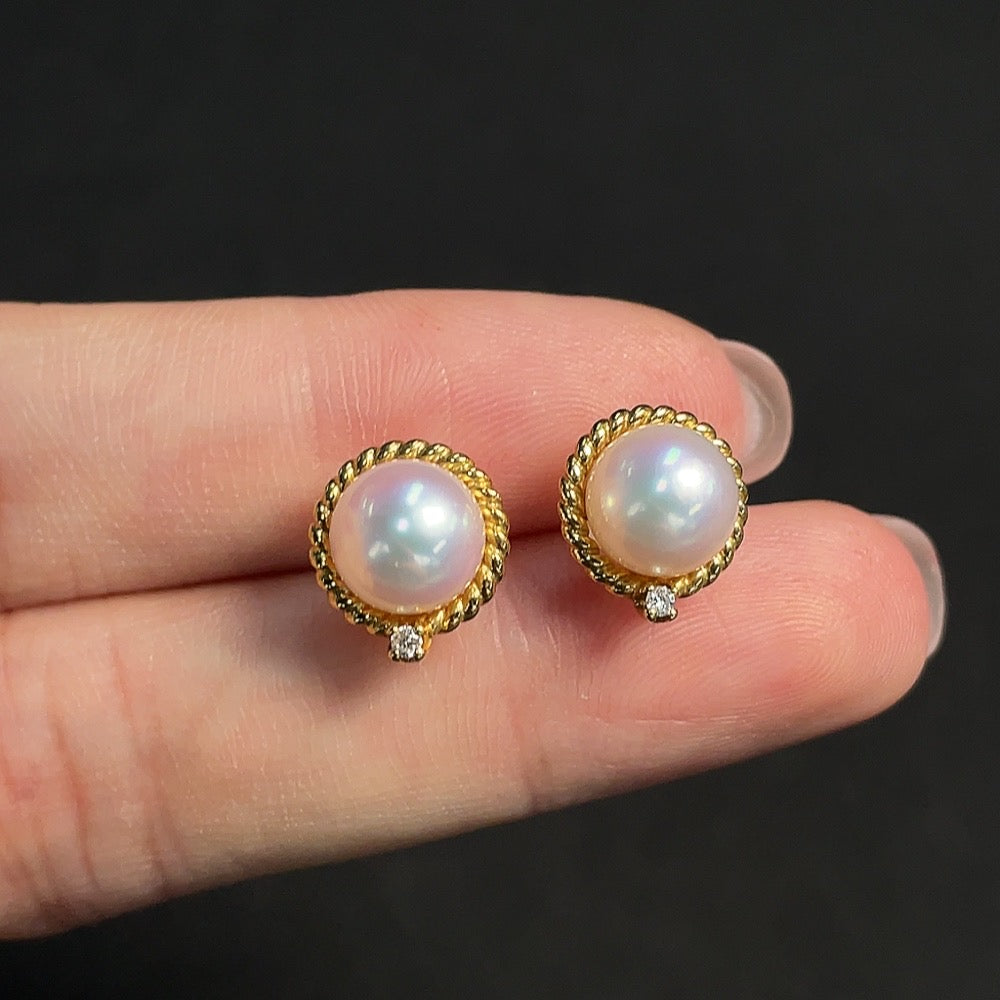 Pearl Earrings Set in 18K Gold, Approximately 7.6mm, Accented with Diamonds