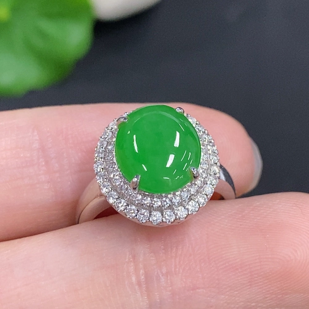 Jadeite Cabochon Ring 18k Gold Total Weight Approx. 3.6g Size 11 with Diamond Accents