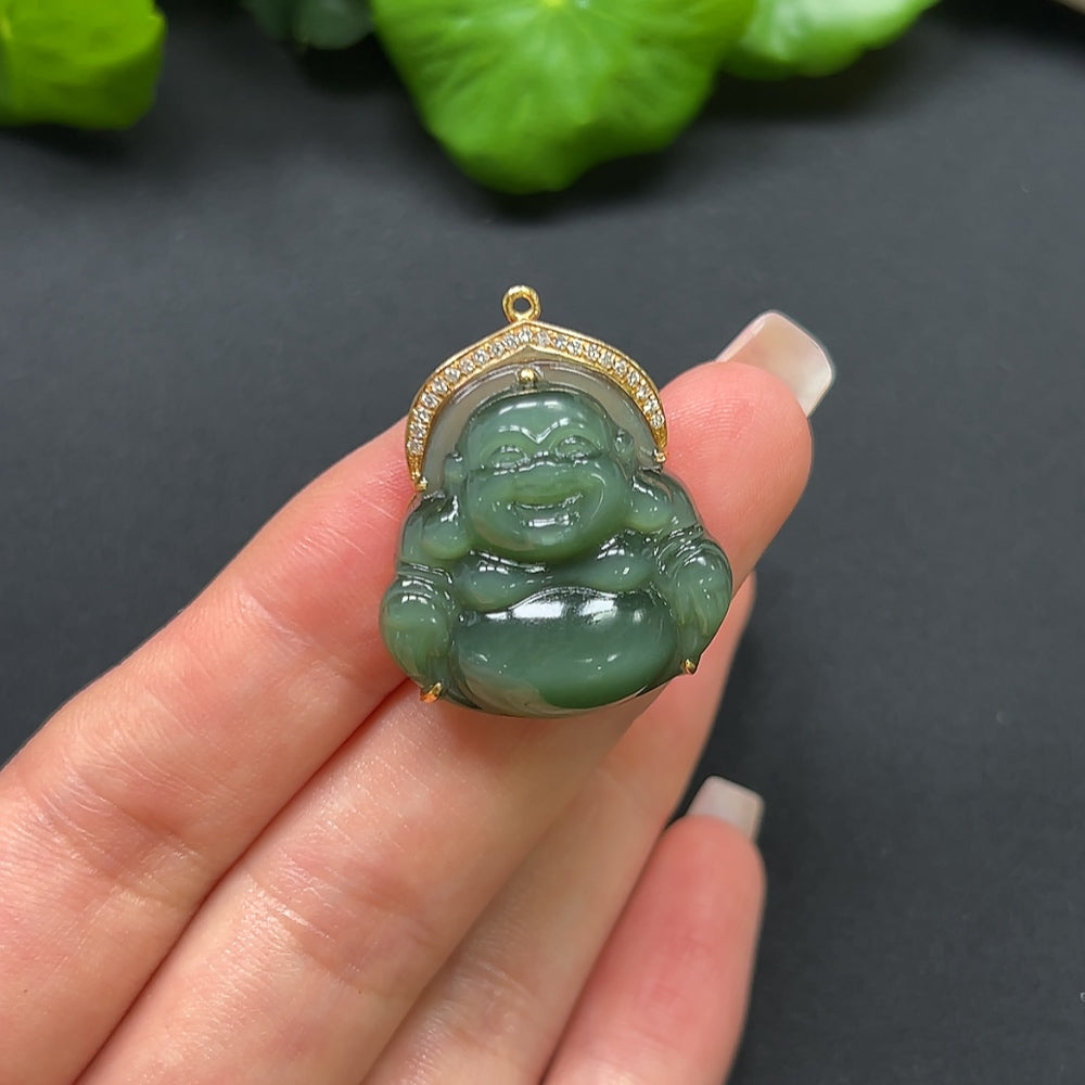 Hetian Jade Jasper Buddha Pendant with 70% Gold and Diamond Inlays