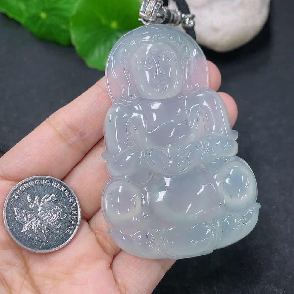 Jadeite Guanyin pendant necklace with 18k clasp, HKHQ brand, natural jade stone, weight approx. 42.15g, excluding rope