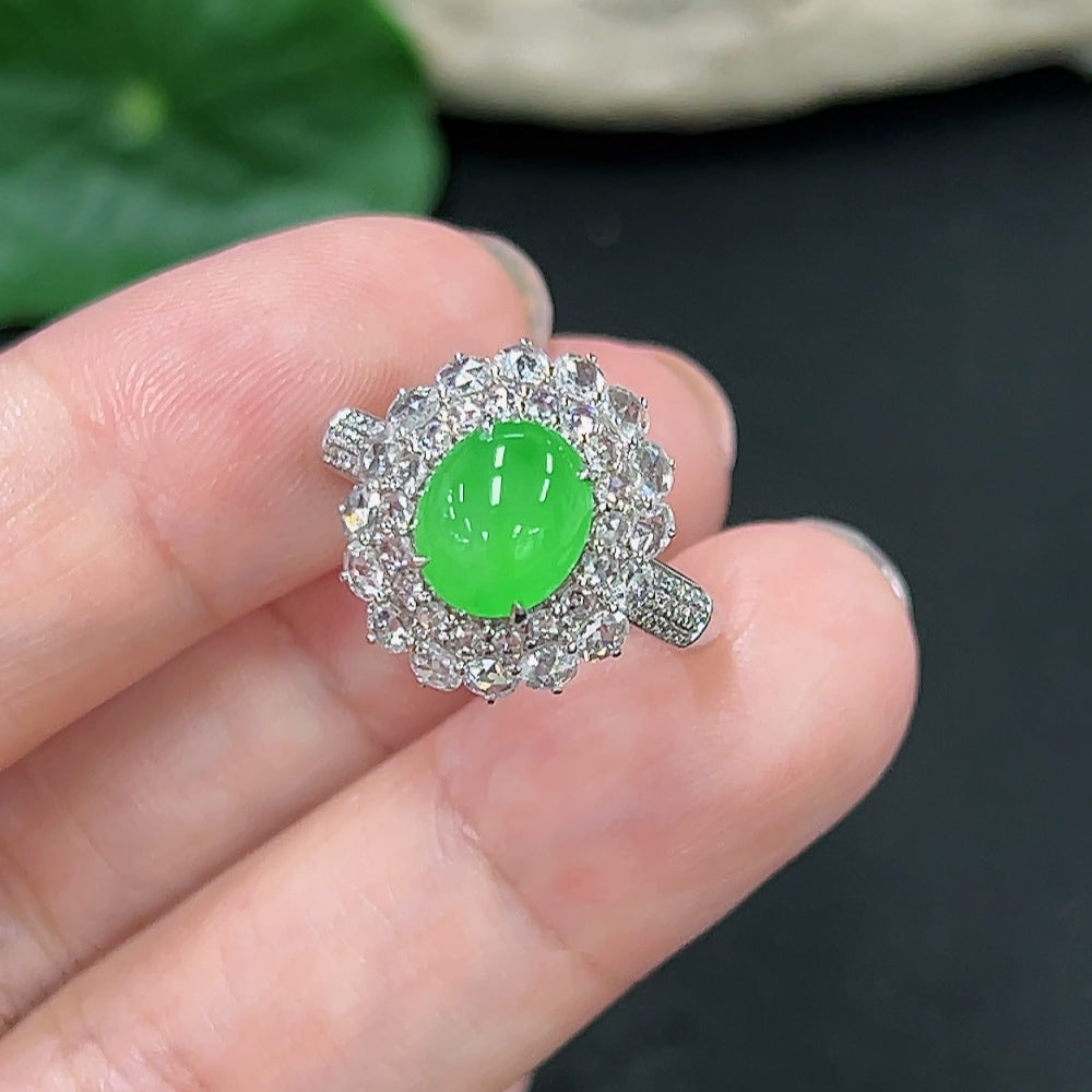 HKHQ jadeite inlaid ring with diamond accents, size 14, 18K gold, approximately 3.6g, featuring intricate jade and gold craftsmanship.