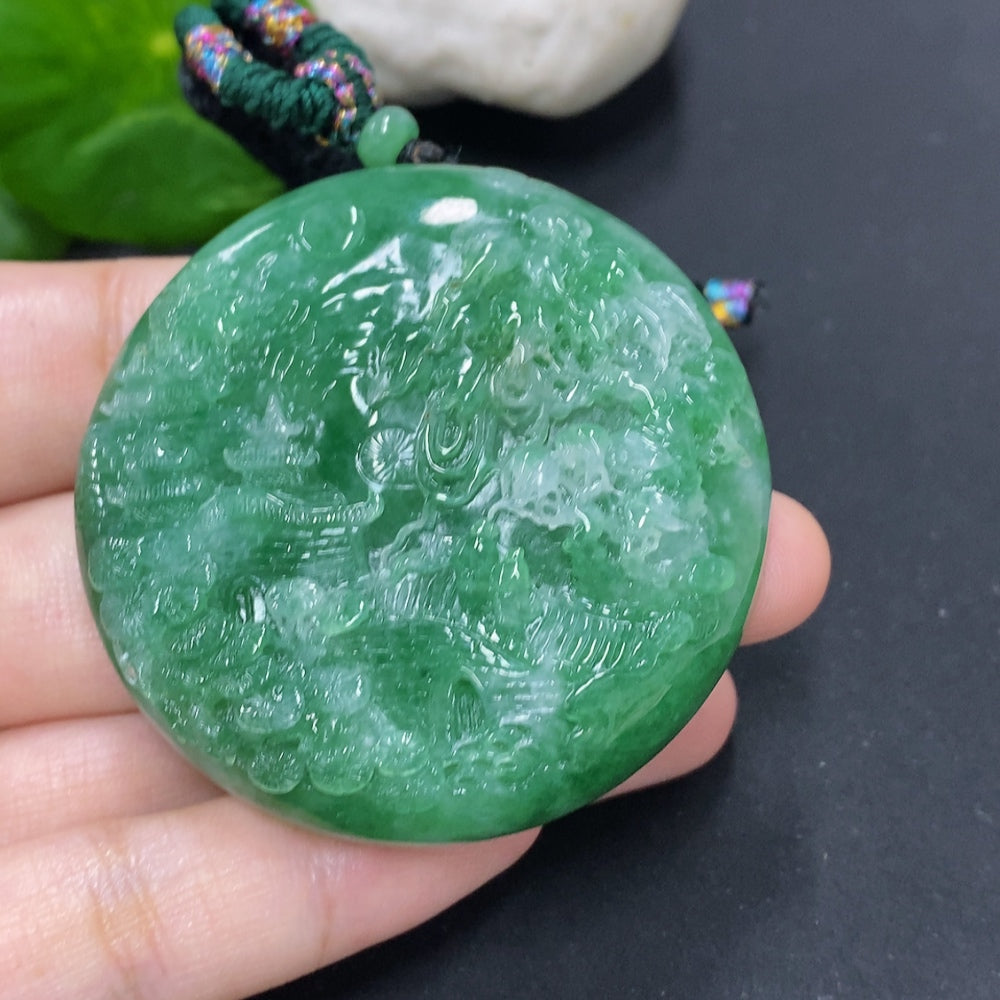 Jadeite landscape pendant necklace with cord, featuring a detailed jadeite pendant weighing approximately 66.1g, by HKHQ.