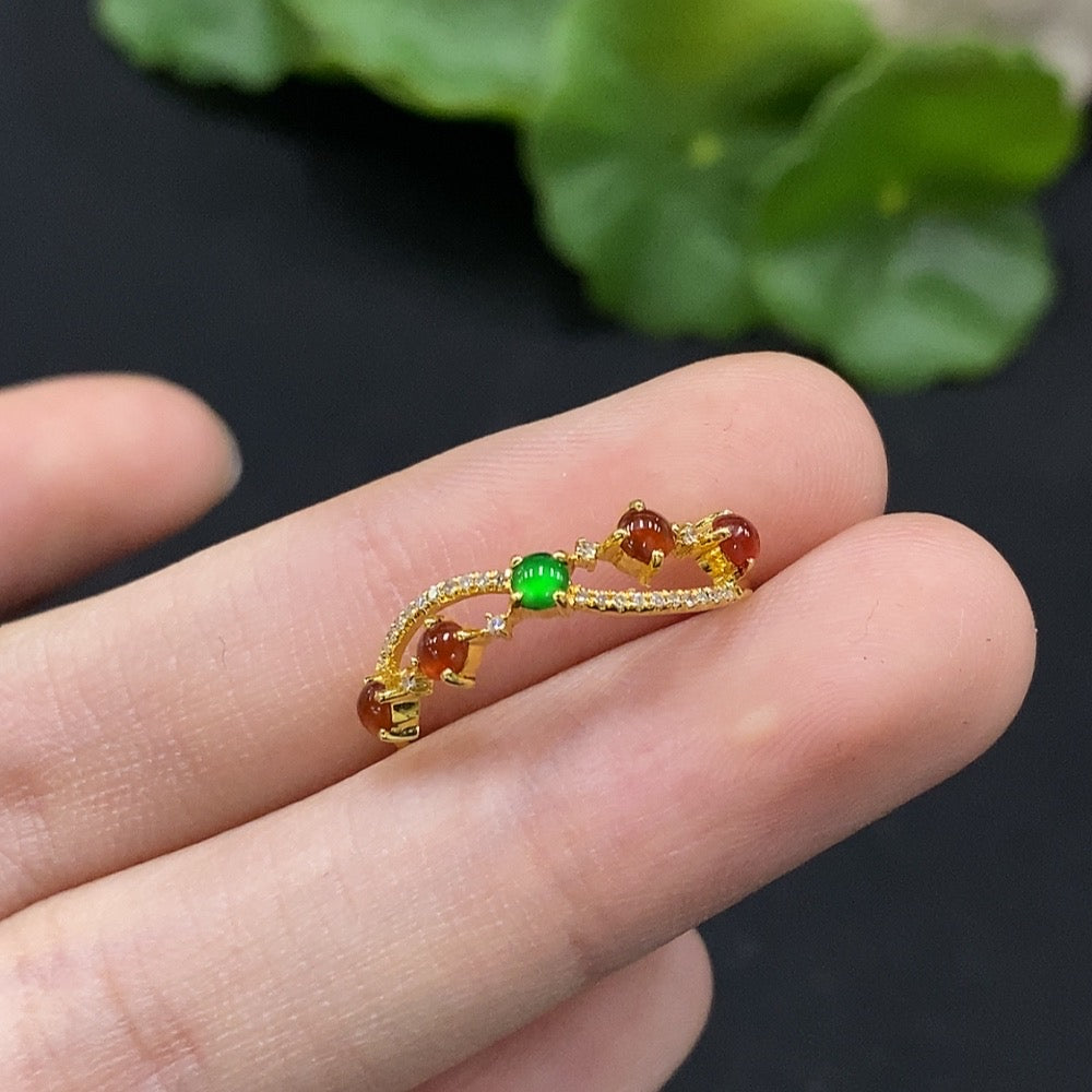 Jadeite Cabochon Ring 18K Gold Size 13 Accented with Diamonds Total Weight Approx. 0.98g