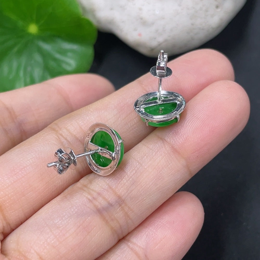 Jadeite Earrings with 18k Ear Caps, 14k Main Body, and Diamond Accents, Total Weight Approximately 2.1g