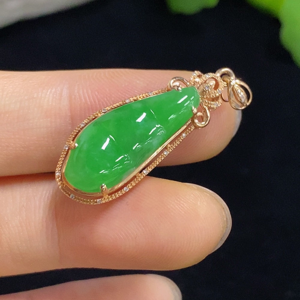 Jadeite Bean Pendant with 18K Gold and Diamond Accents