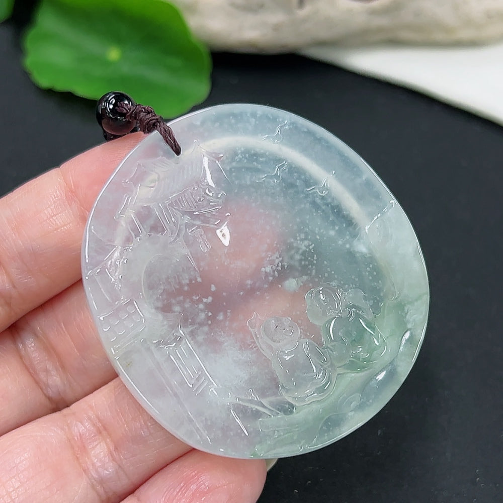 Jadeite pendant weighing 31.5g with rope beads, showcasing smooth green jade and natural stone texture.