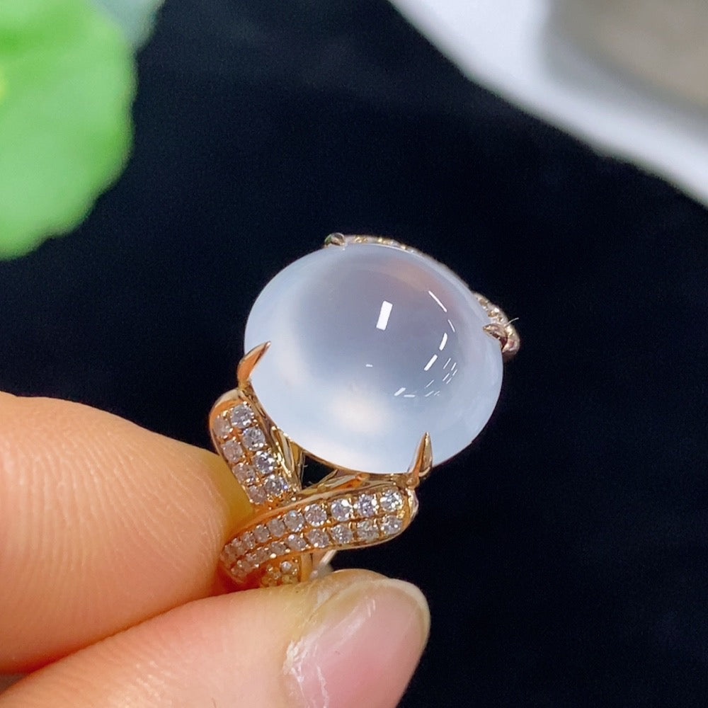 Jadeite Cabochon Ring with 18k Gold and Diamond Accents, Size 19, Total Weight Approximately 8.62g