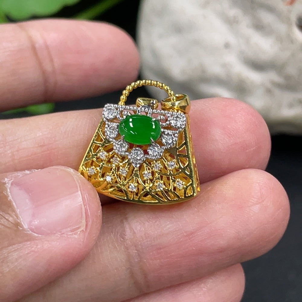 Jadeite Cabochon Pendant, 18K Gold Setting with Diamond Accents