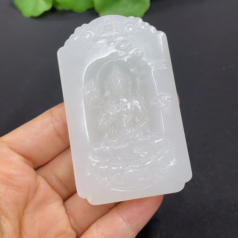 Hetian jade Guanyin pendant from HKHQ, intricately carved with a weight of 65.2g, showcasing smooth, polished green jade craftsmanship.