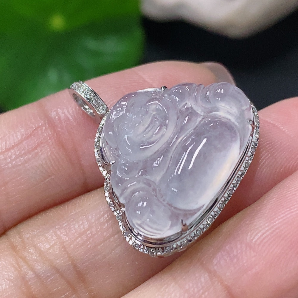 Jadeite Buddha Pendant with 18k Gold and Diamond Accents, Total Weight Approximately 3.34g