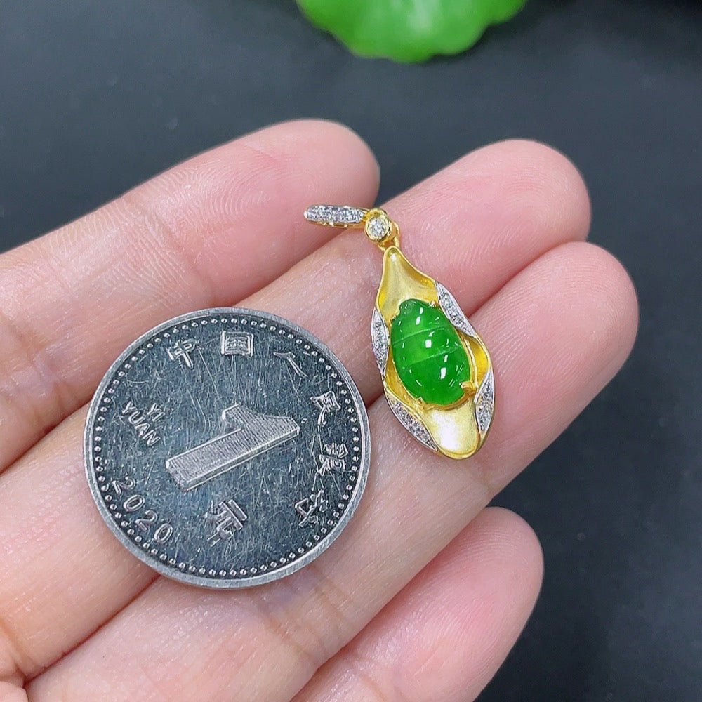 Jadeite Inlaid Lucky Bean Pendant 18k with Diamond Accents Total Weight Approximately 1.23g