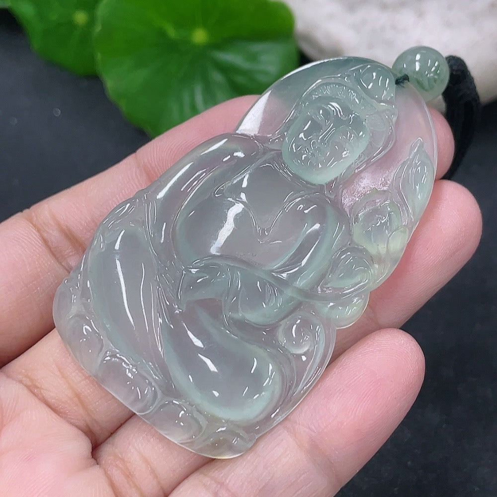 Jadeite Guanyin pendant necklace with rope, total weight 20.86g, crafted by HKHQ, featuring intricate jadeite carving.