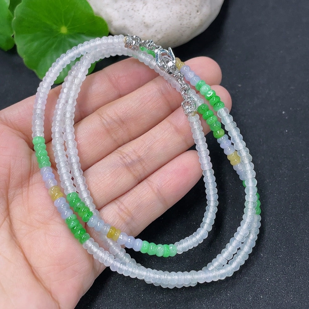 Jadeite bead necklace with 3.7mm jade beads, weighing approximately 18.1g, showcasing a string of smooth green jade beads.