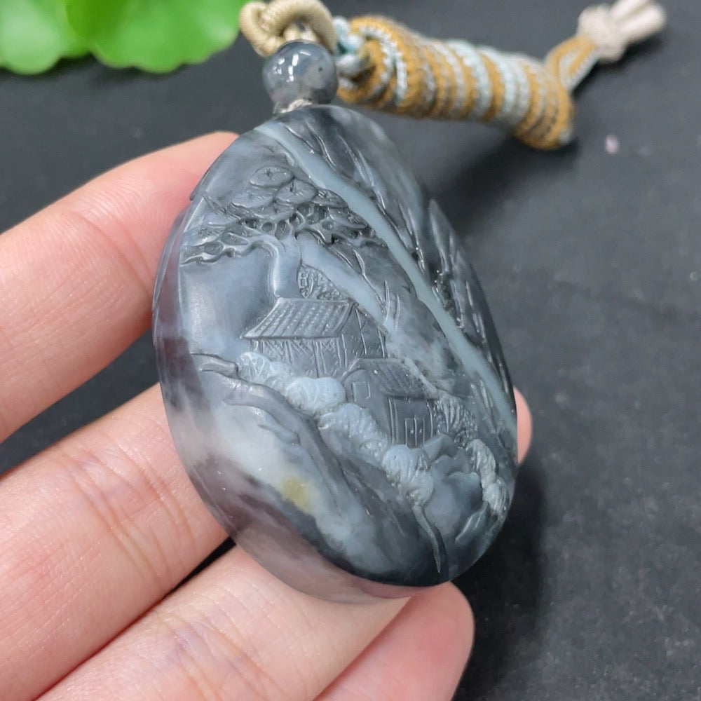 HKHQ Hetian jade pendant featuring a landscape design with undetermined skin tone, weight 54g, includes rope.